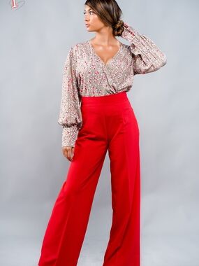High Waist Red Wide Leg Pants & Blouse Set